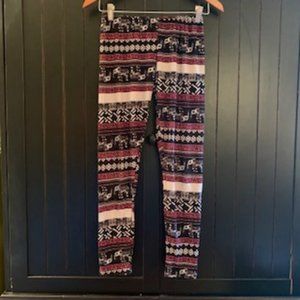 Girls Elephant Cross Stitch Maroon and Black Leggings